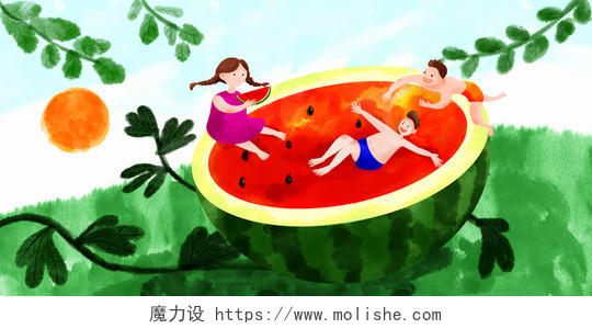 水彩手绘大暑民俗节日二十四节气宣传展板